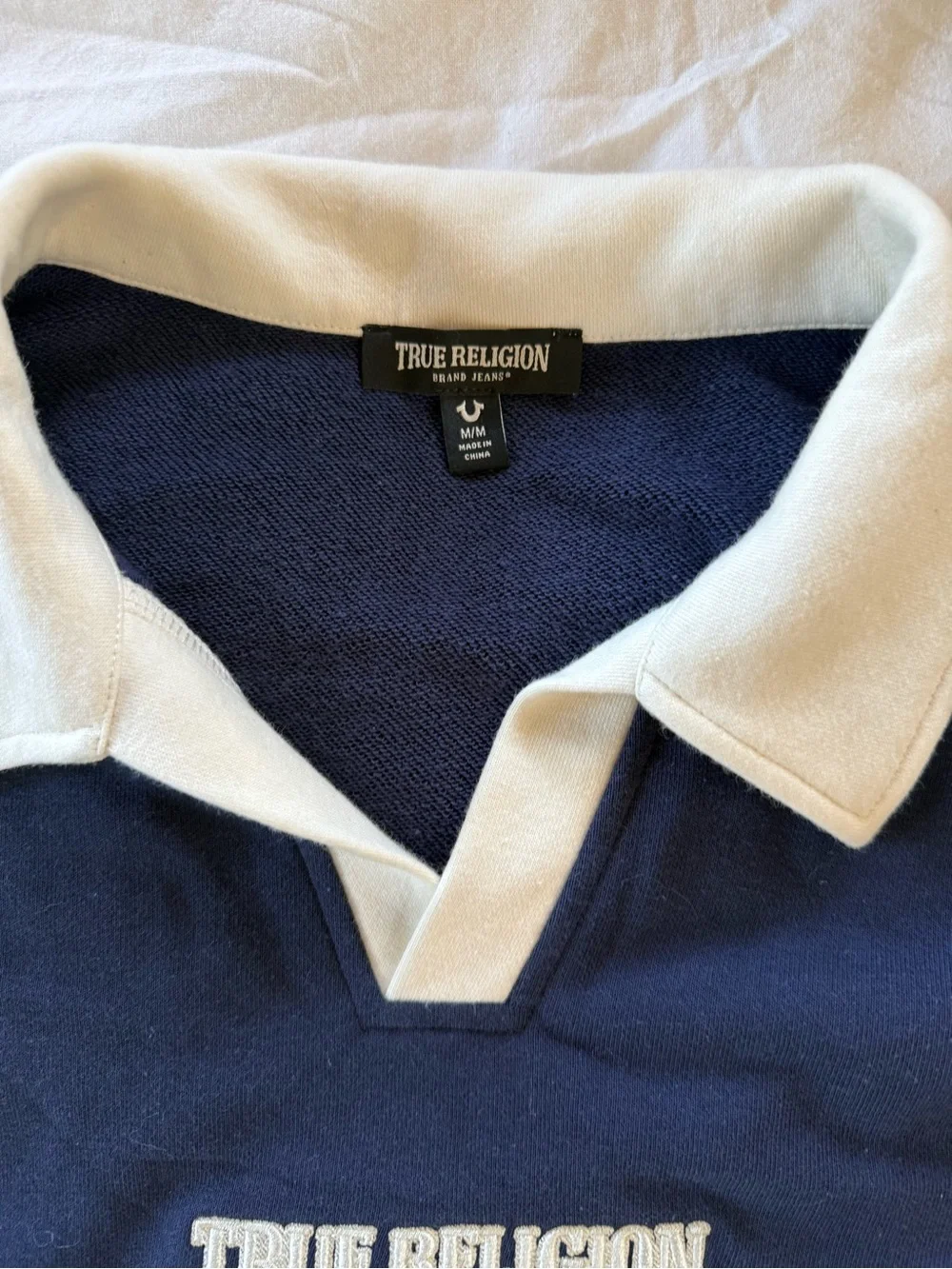 NWOT True Religion Navy and White Boxy Rugby-Style Pullover